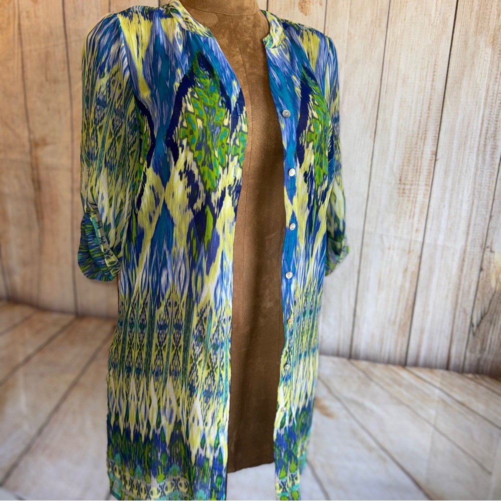 CHICO'S Sheer Tunic Top, Blue & Green Patterned, Button Up Or Cardigan Sz 1 Or M - Picture 9 of 11
